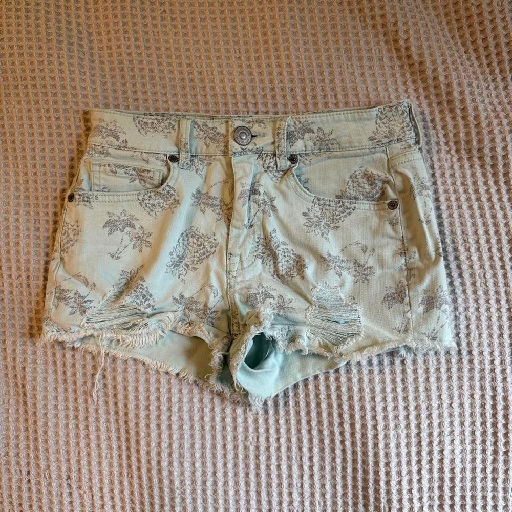 Tokyo Darling Blue Pineapple Raw Hem Denim Shorts